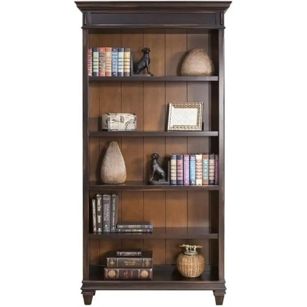 Traditional Wood Bookcase, 4 Shelves, Distressed Black Finish, 78" H x 40" W x 14" D, Adjustable Storage, Semi-Finished Back, Vi