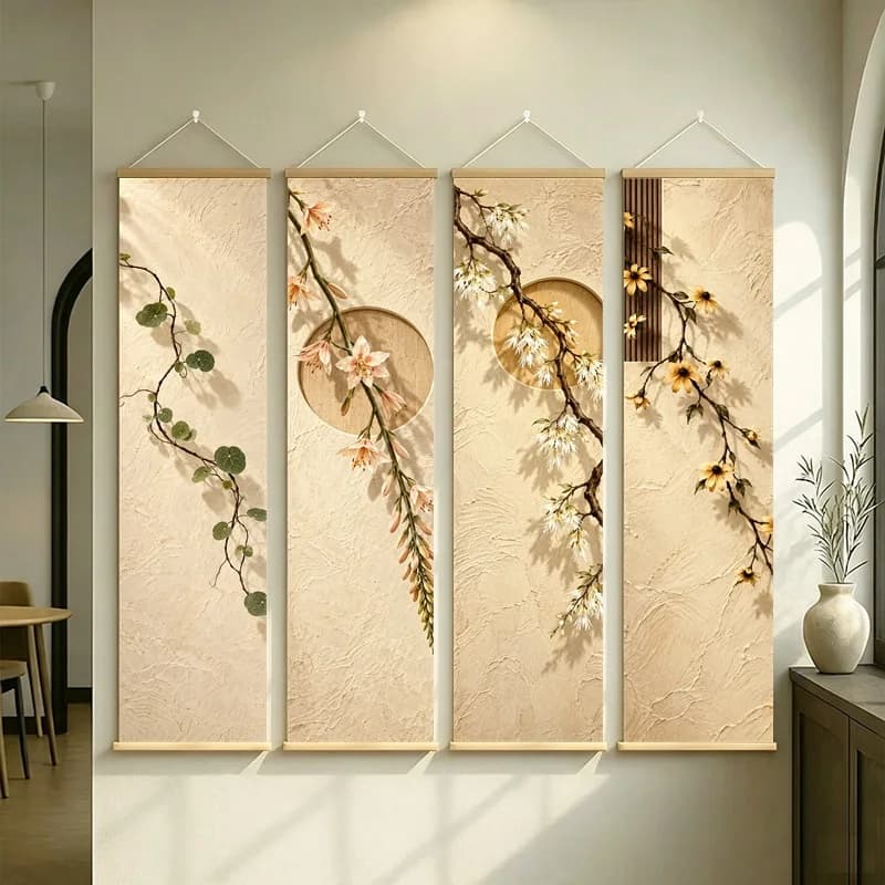 Wall Decor Black Eyed Susan Vine and Foxtail Lily, Wabi-Sabi Silver Shimmer Canvas Hanging Scroll for Japandi Living Room