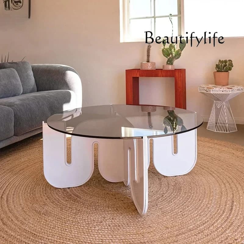 A Nordic Light Luxury Wave Acrylic Tea Table Glass round Transparent Simple Small Apartment Living Room Table