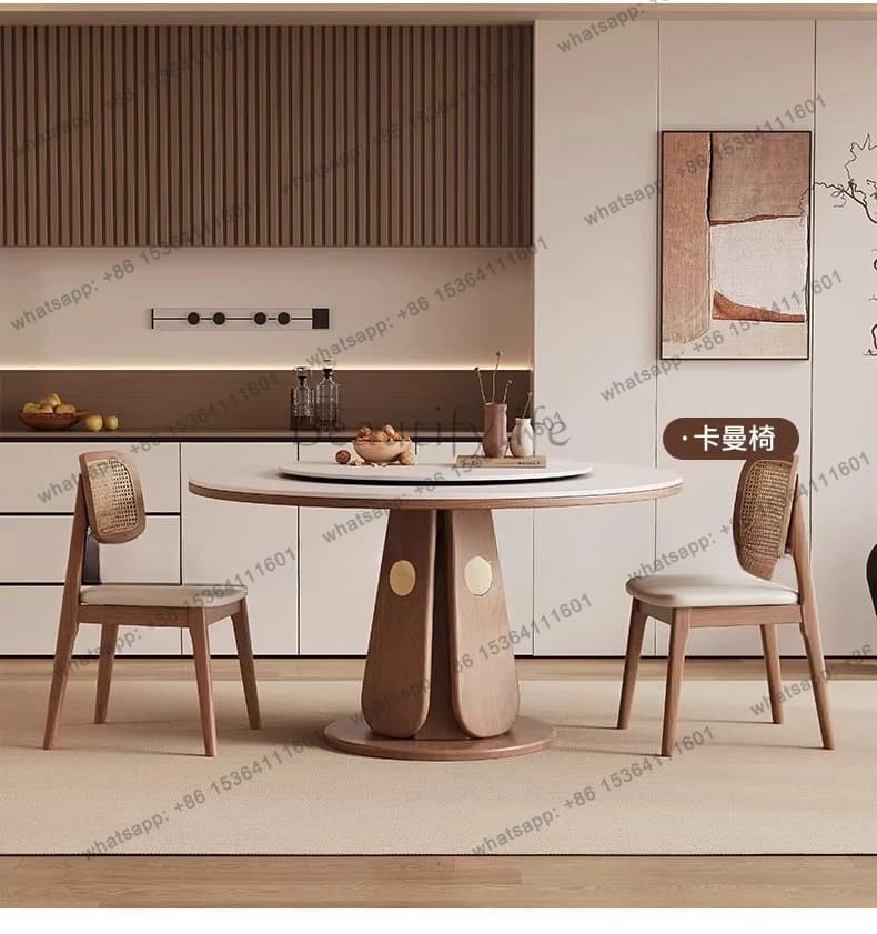 Medieval rock slab dining table with turntable Small apartment walnut solid wood round table