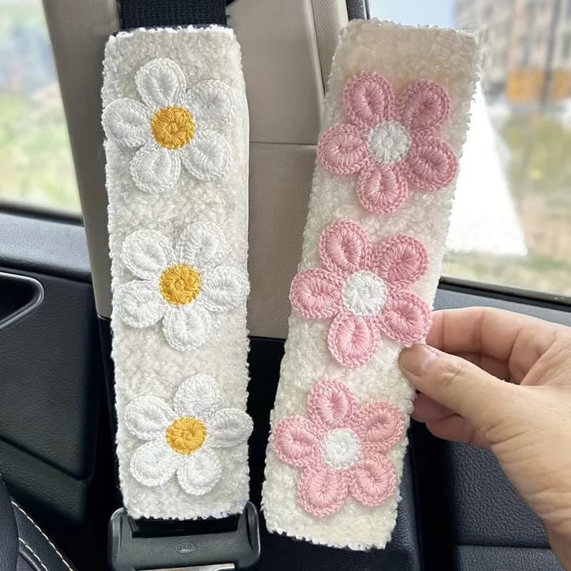 1/2PCS Car Seat Belt Cover Pad, Universal Car Seat Shoulder Strap Pads, Thick Plush Embroidered flowers Seatbelt Cushion Protect