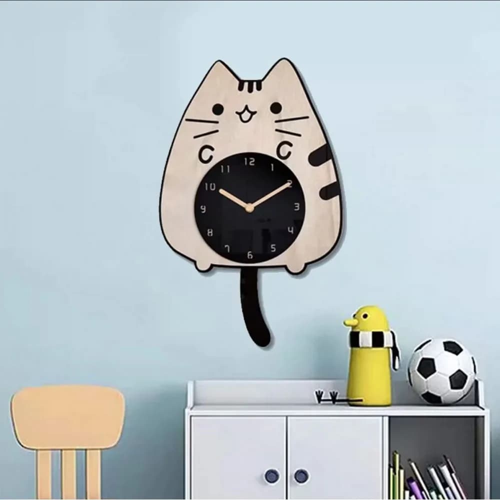 Cat Wall Clock Wooden Animal Shape With Swinging Tail Cartoon Decoration Clock Silent for Restaurant Kitchen Interior Office