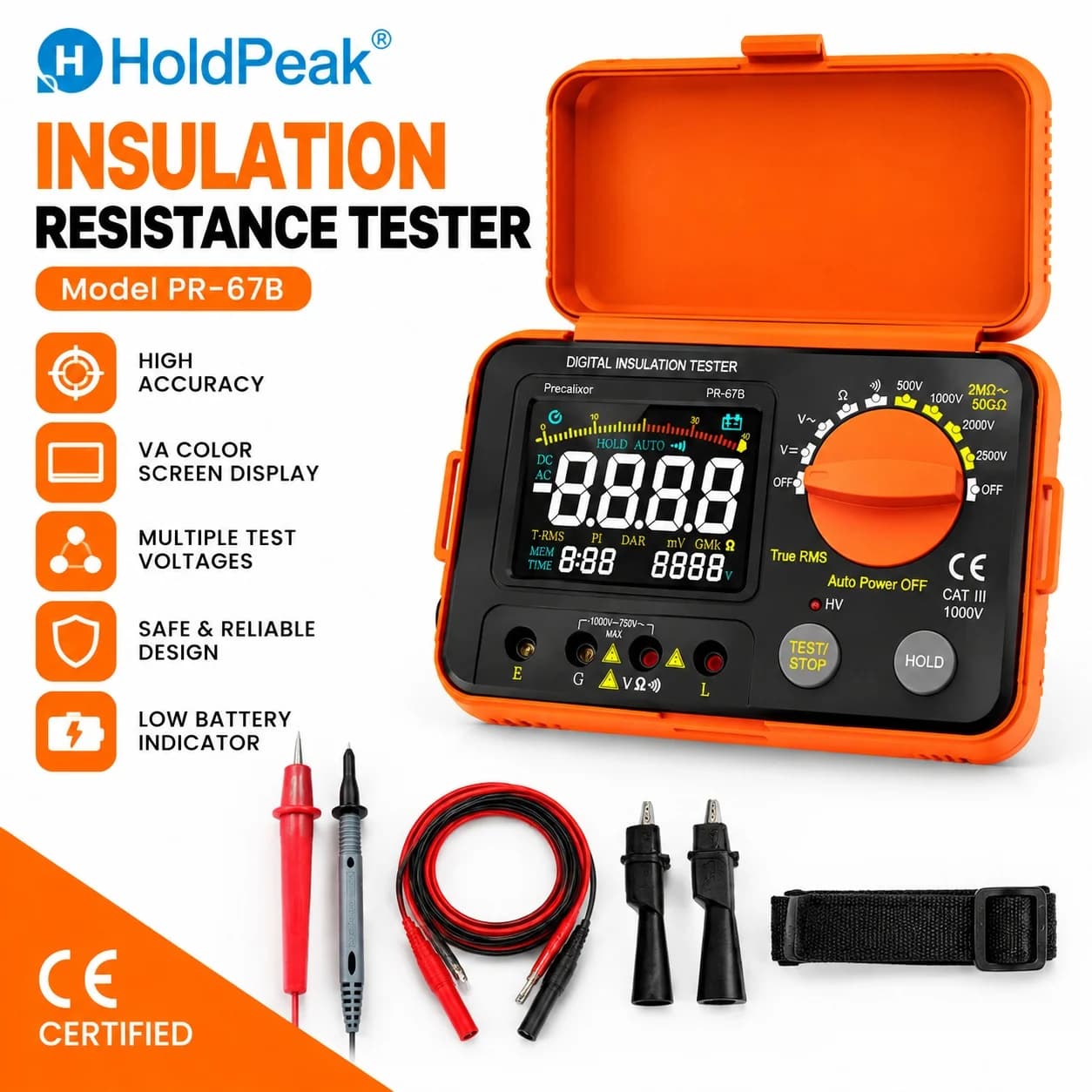 HoldPeak 67B Insulation Tester 500V-2500V 50GΩ VA Color Screen 4000 Counts True RMS PI/DAR Auto Power Off