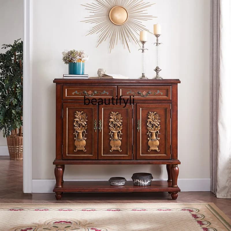 European Style Entrance Hall Cabinet Vintage Gold-Embossed Hand-Painted Solid Wood Storage Carved 2-Drawer 3-Door Sideboard