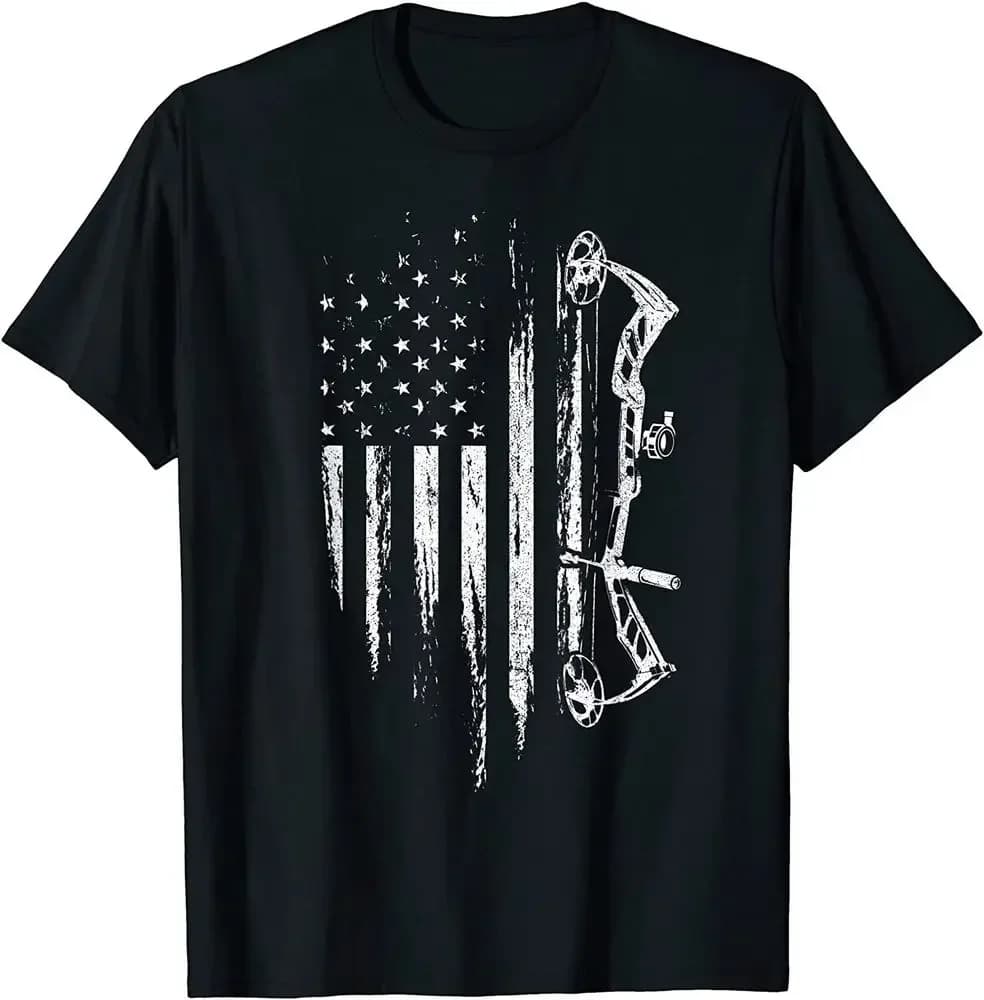 Retro US Flag Composite Bow Hunter Archery Gift T-Shirt 100% Cotton O-Neck Summer Short Sleeve Casual Mens T-shirt Size S-3XL
