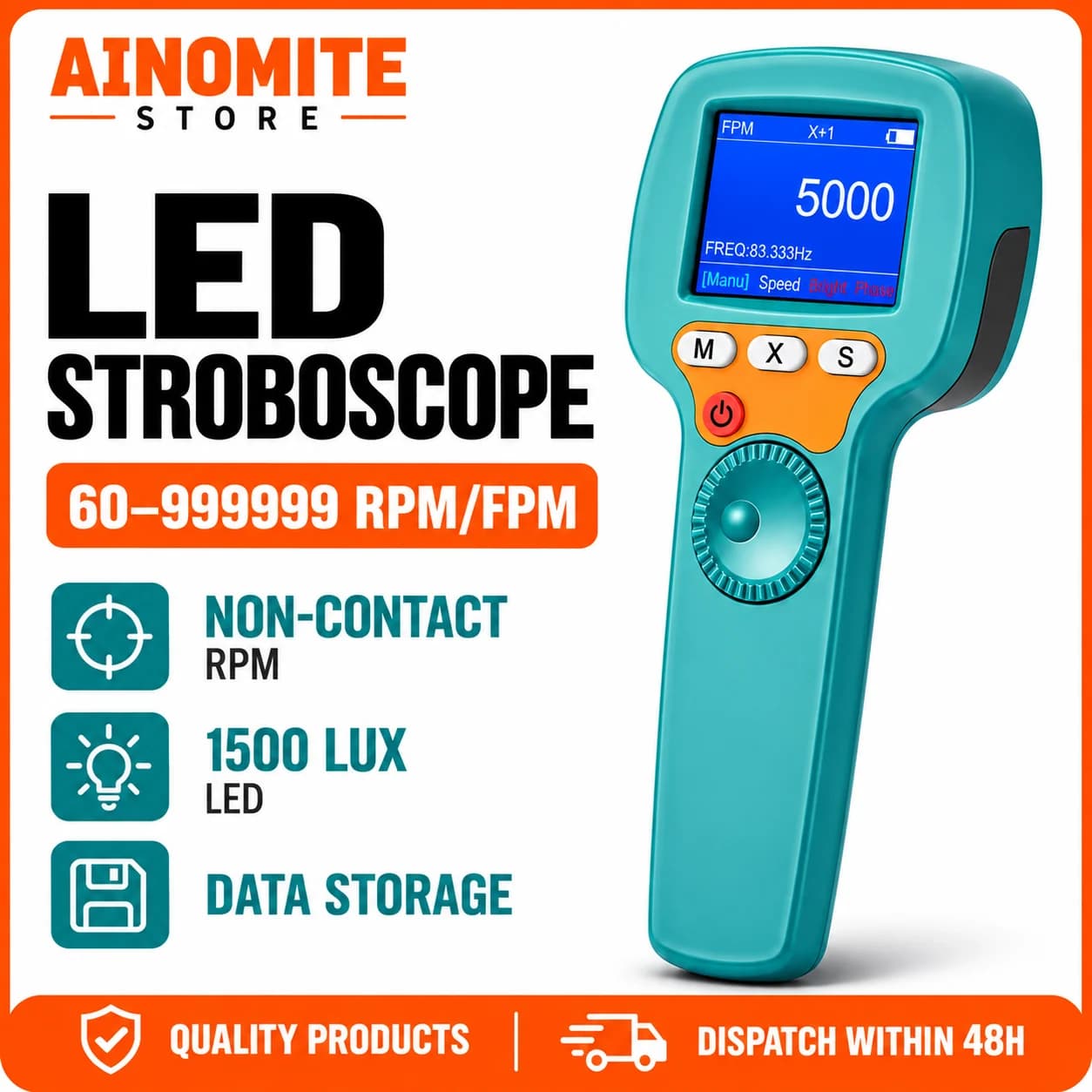Digital Stroboscope Tachometer 60-999999 RPM, Non-Contact LED Strobe Light Speed Meter 0.001% Accuracy, Handheld Tester