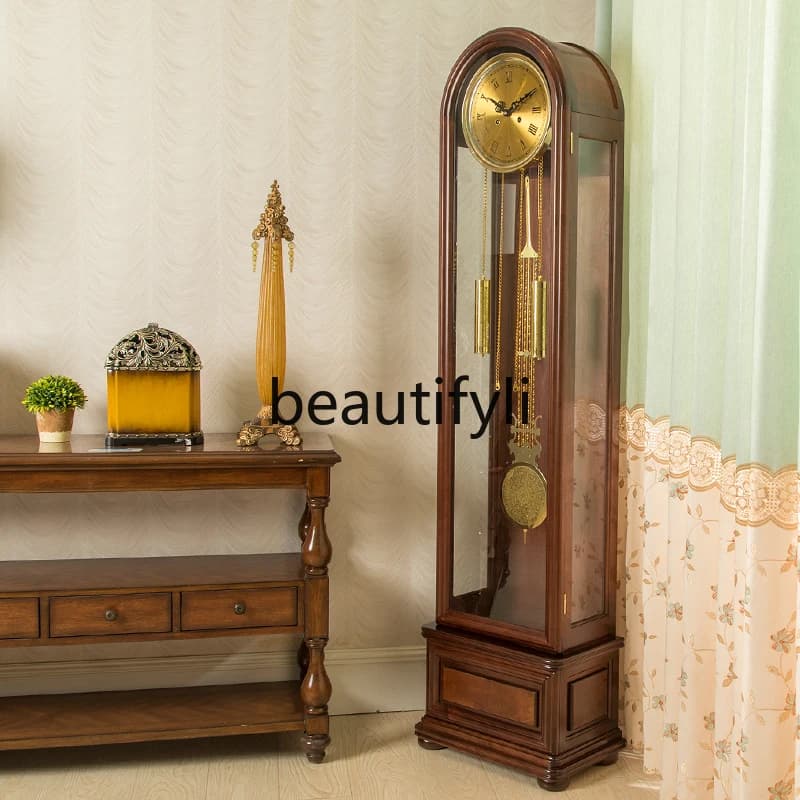 Retro simple European mechanical clock Solid wood hand-carved modern Chinese living room timekeeping clock