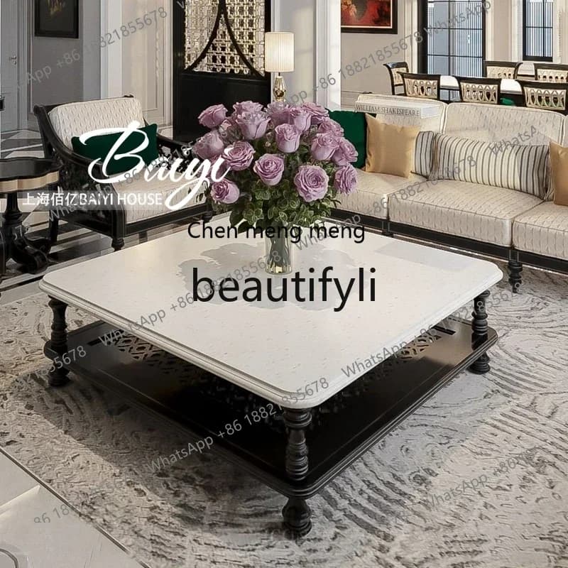 French rural retro coffee table solid wood carving square villa living room tea table American light luxury edge table CQY