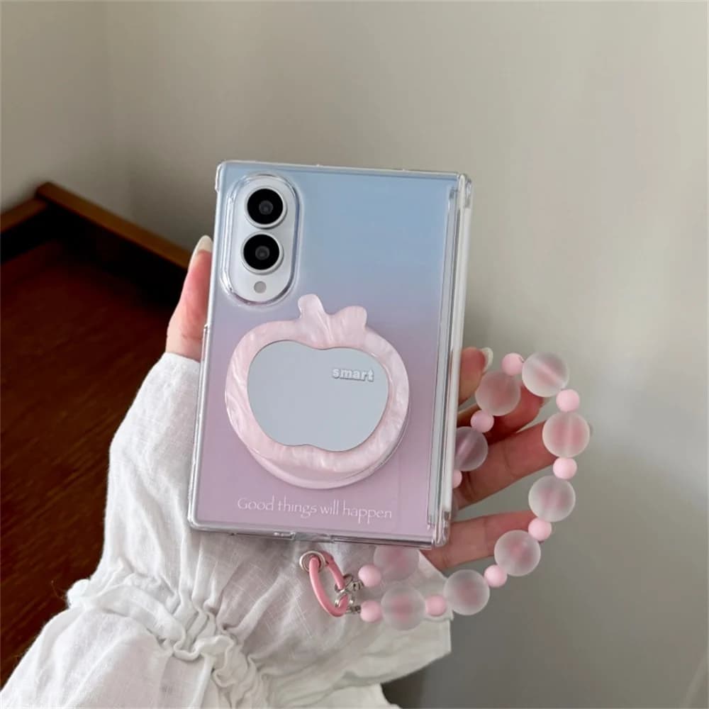 Gradient Pink Peach Mirror Grip Holder Pink Magnetic Phone Case For Samsung Galaxy Z Fold 8 Shockproof Hard Folding Cover Women