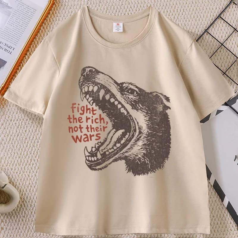 Fight The Rich T-shirt Funny Wolf Printed T Shirt Elastic Casual Short Sleeve Tshirt Round Neck Comfortable Casual Wear Clothes