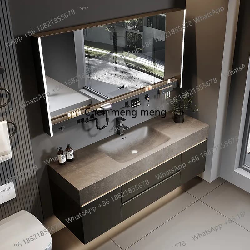 Light luxury rock slab hot bending integrated basin bathroom cabinet combination washstand