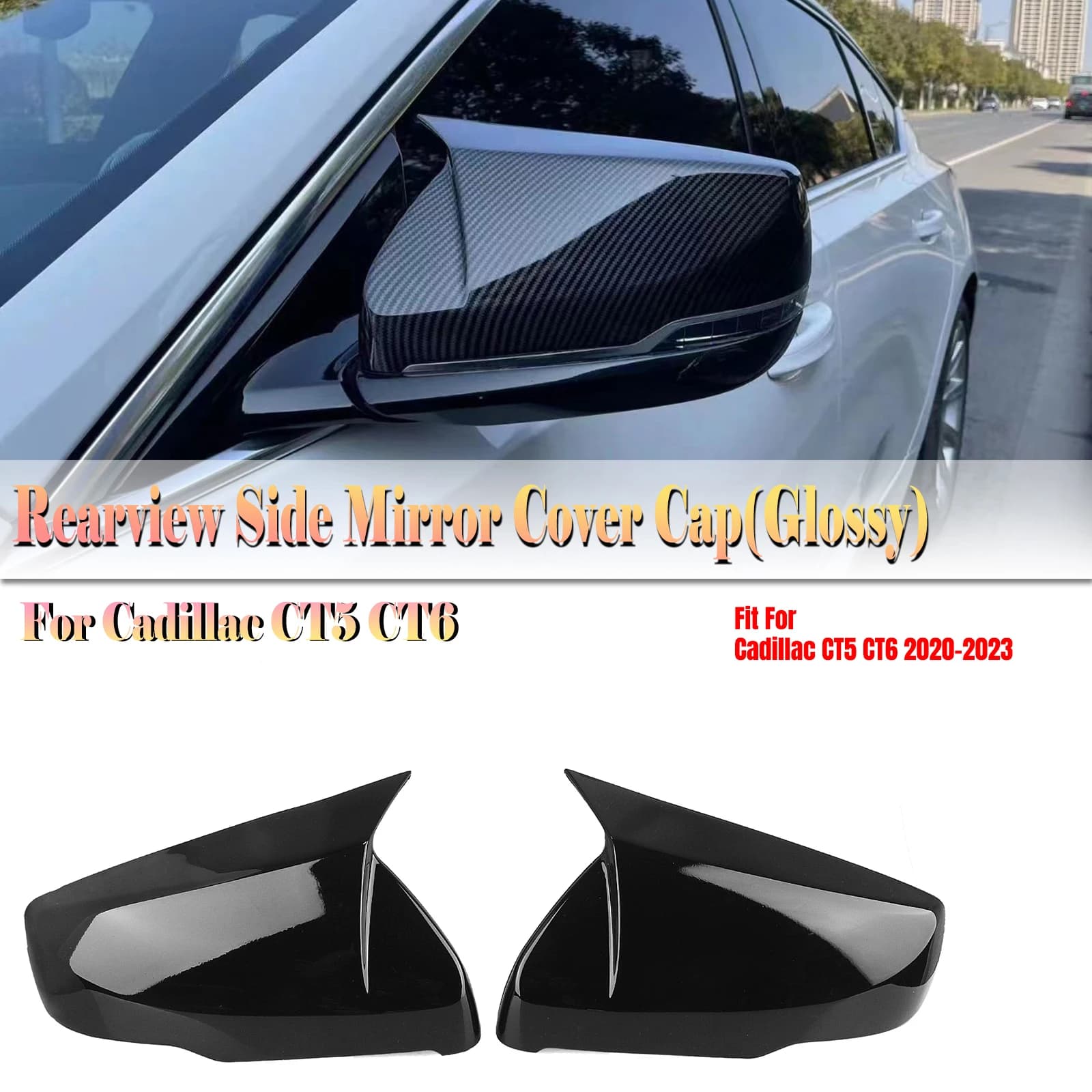 Mirror Cover For Cadillac CT5 CT6 2019-2024 Sedan Replacement Carbon Fiber Look/Gloss Black Side Rear View Cap Shell