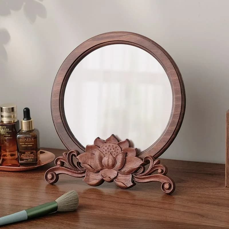 Chinese Style Desktop Round Decorative Mirror Solid Wood Handmade Desktop Vanity Mirror Retro Household Small Vanity Mirror
