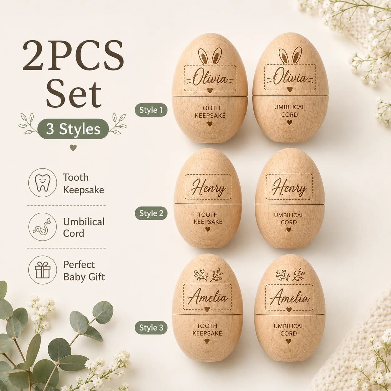2Pcs Customized Wooden Keepsake Box Set, Egg-Shaped Mini Storage Box, Suitable for Organizing and Storing Keepsakes Such as Teeth and Umbilical Cords, Ideal for Placing on Home Desks, in Drawers, or in Picture Frames, Also Makes an Ideal Shower Gift or Gift for New Parents, Birth Souvenir, Gift for 