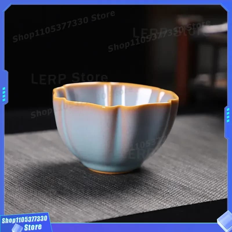 Dehua Ceramics Hexagonal Teacup 100ml Bright Glaze Ru Kiln Style Single Cup Medium Capacity Gu Yun Qiuxia Design for Tea