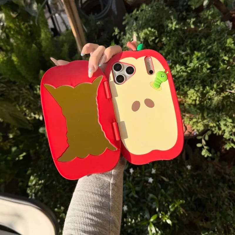 Kawaii 3D Apple Shape Flip Silicone Phone Case With Mirror for iPhone 18 17 14 15 16Plus 13 12 Pro Max Fundas Shockproof Cover