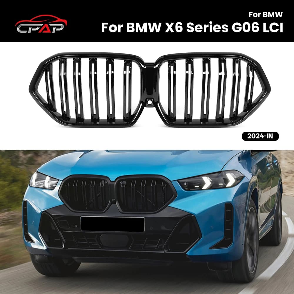 Front Kidney Bumper Grille Double Slat Radiator Hood Grills for BMW X6 G06 LCI 2024-IN  Glossy Black