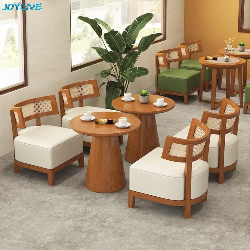 Joylive Vine Woven Solid Wood Sofa Rice White Leather Casual Negotiation Chair for Living Room Coffee Shop
