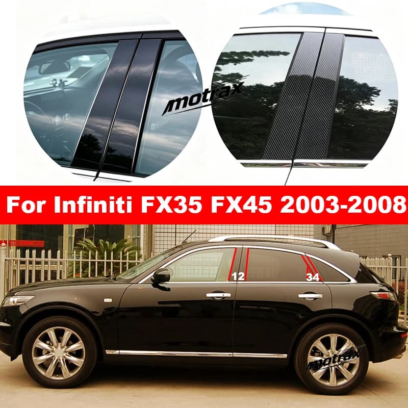 Car Window Decorative B C Column Molding Trims Auto Door Glossy Pillar Strip for Infiniti FX35 FX45 2003-2008 Accessories