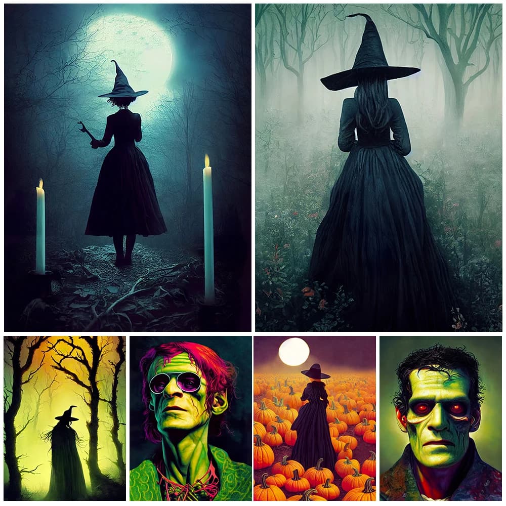 Witch Forest,Frankenstein,Cute Ghost,Abstract Wall Art,Canvas Painting,Spooky Fall,Witchcraft Art Poster Print Home Decor Unfram
