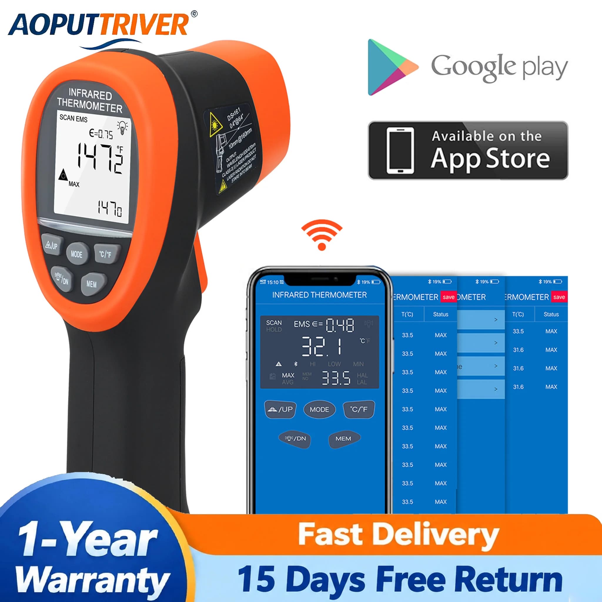 Non-contact Infrared Thermometer 16:1 D:S Ratio Laser Temperature Gun -50℃~800℃ Digital LCD IR Thermometer Emissivity Adjustable