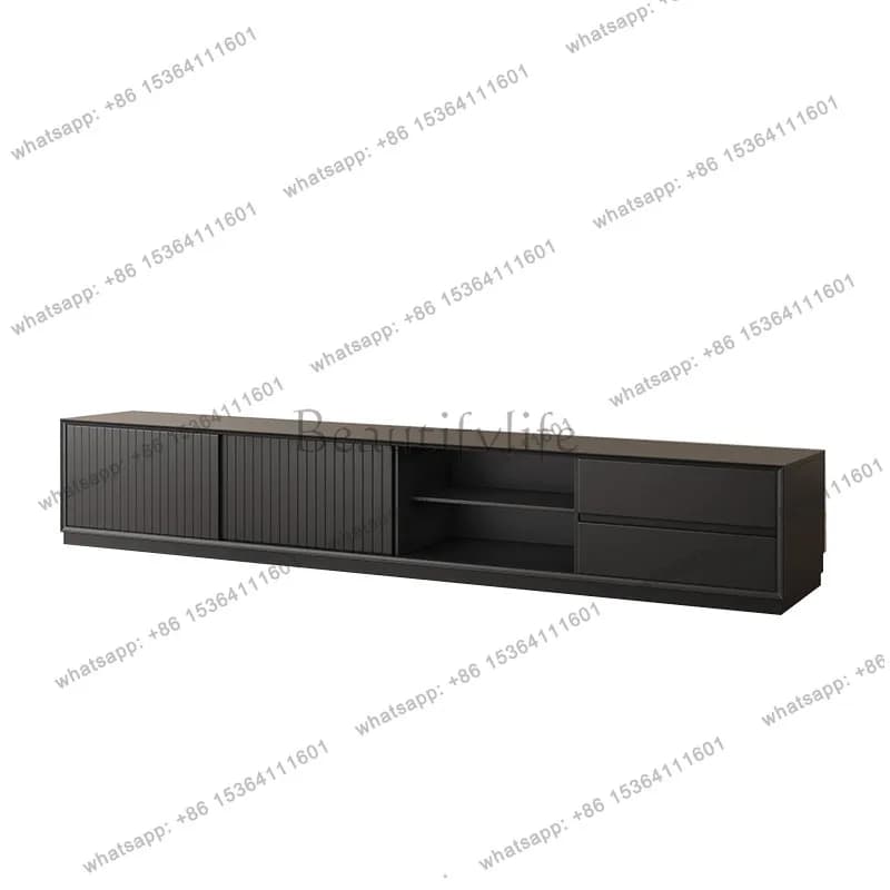 Minimalist solid wood TV cabinet, simple modern light luxury black floor TV cabinet