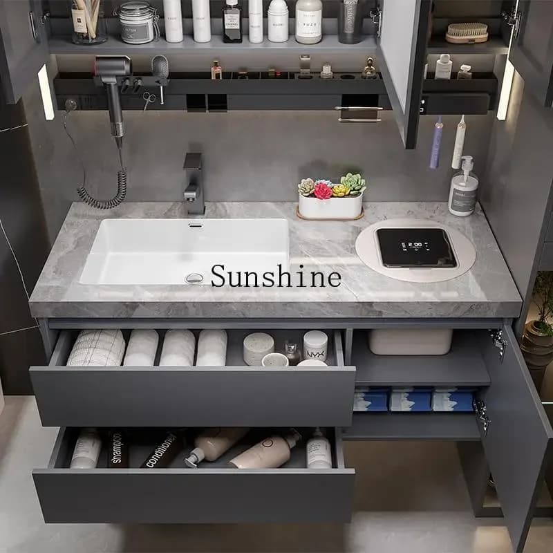 Modern simple rock slab ceramic seamless basin toilet washstand with washer dryer bathroom cabinet combination  FT