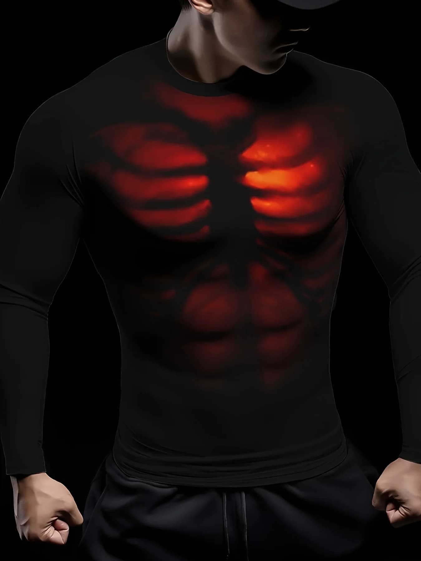 Gothic Style Tee With Muscle Skeleton Pattern Printed Long Sleeved T-shirt Men's Casual Street Wear Horror Punk Fitness Top
