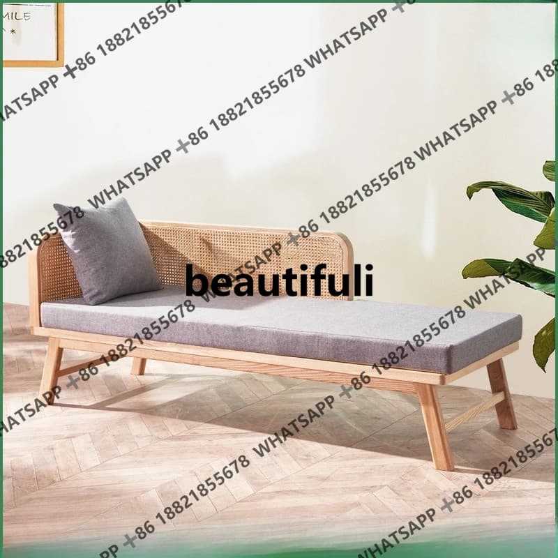 Solid Wood Chaise Lounge Chair Rattan Sofa Light Luxury Chaise Chair Beauty Couch Bedroom Single Small Apartment Nordic Homestay