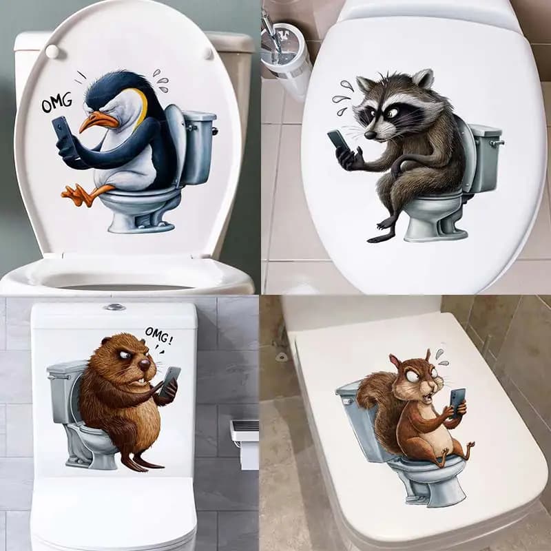 Squirrels Penguins and Raccoons in The Toilet Sit on The Toilet Lid-Toilet Cover Sticker Wall Sticker Home BathRoom Decoration