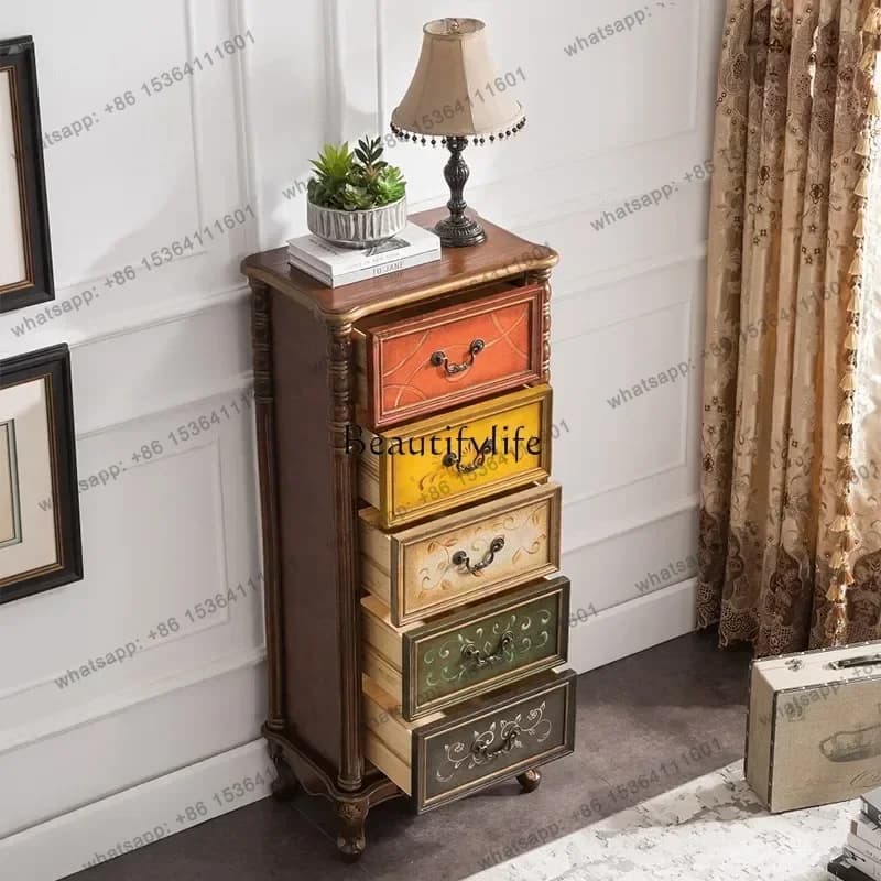 PJ American-style European-style Villa Solid Wood Painted Porch Small Drawer Chest Small Apartment