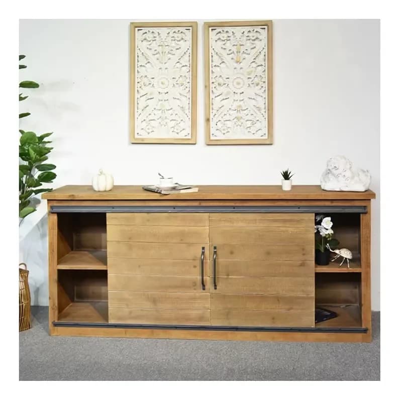 Rustic Style Wooden Tv Stand Cabinet Living Room Furniture With Slide Door and Storage Glass Metal Material