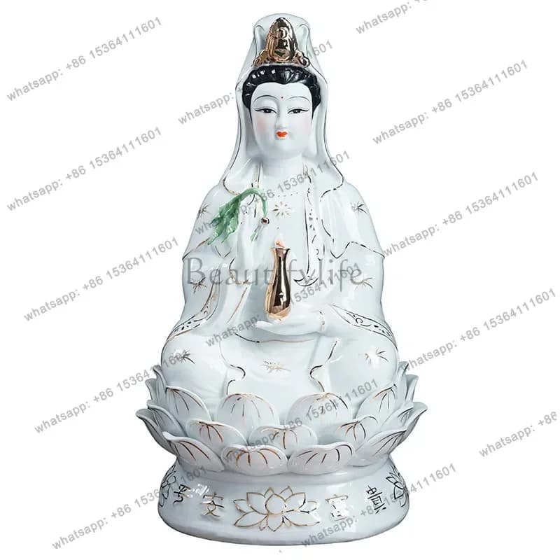 PG   ceramic nanhai guanyin bodhisattva white jade bottle sitting lotus guanyin buddha statue for home white clothes ornament