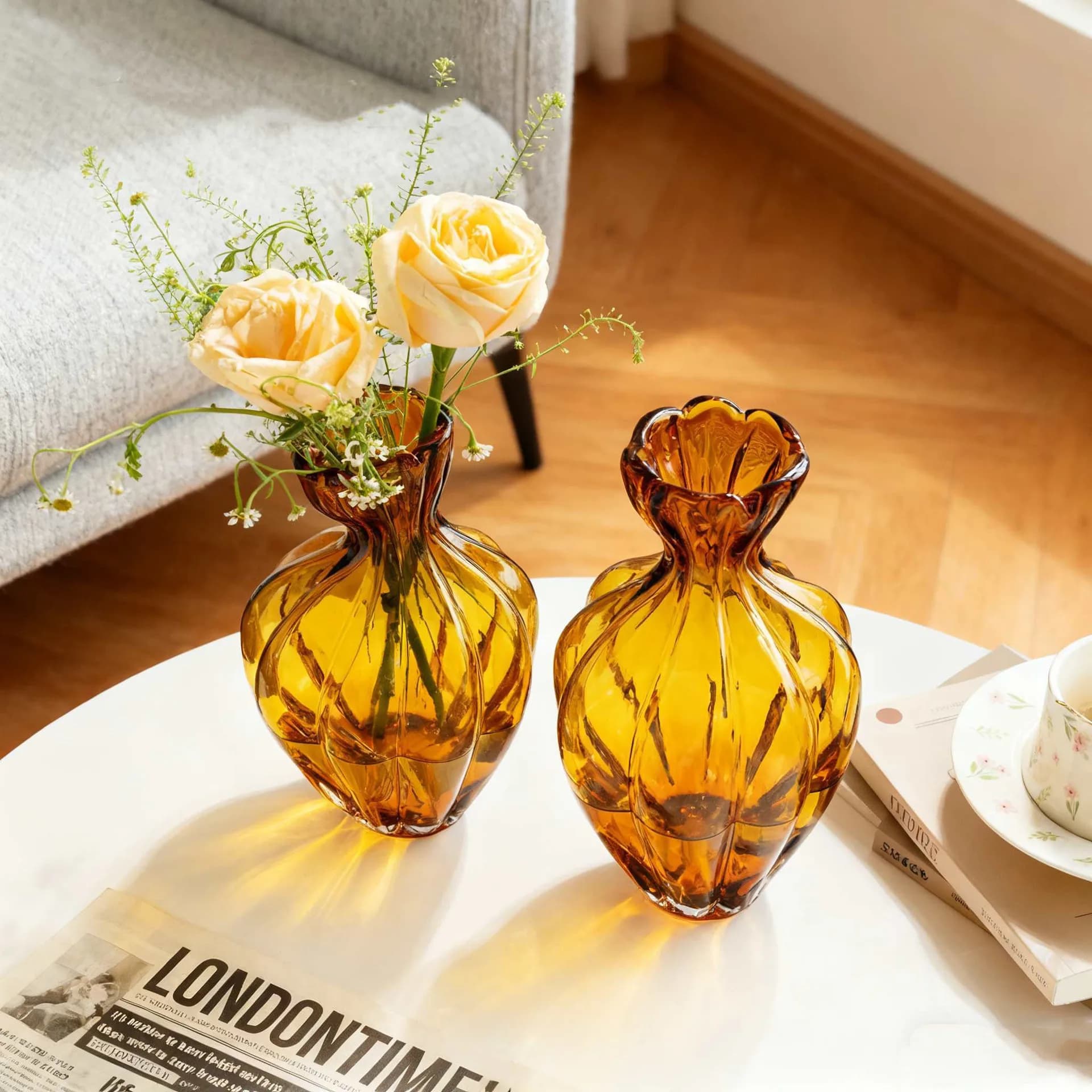 Nordic Medieval Handmade Pumpkin Glass Vase Wavy Rim Gradient Grey Crooked Neck Large Belly  Living Room Table Decor Ornament