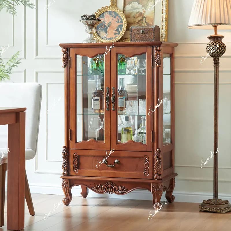 American solid wood carving flower double door wine cabinet, living room glass door, wine cabinet