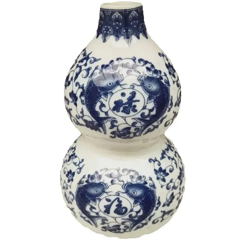 Chinese Old Porcelain Vase Blue And White Fish Pattern Lucky Gourd Design Antique Home Decor Collectible