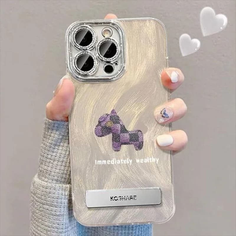 For iPhone 16 Pro Case with stand Silver Phone Cases for iPhone 16 15 14 13 12 11 Pro Max Case Purple Grid Horse Back Cover 2026
