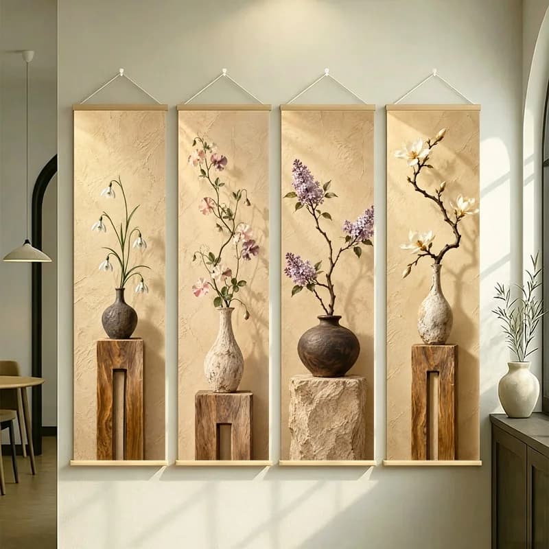 Wall Decor Lilac and Sweet Pea, Natural Wabi-Sabi Botanical Silver Shimmer Canvas Hanging Scroll for Japandi Living Room