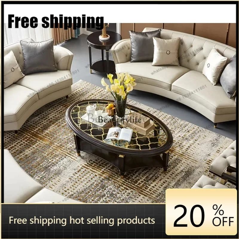 American solid wood light luxury oval coffee table living room neoclassical simple glass table Factory Direct