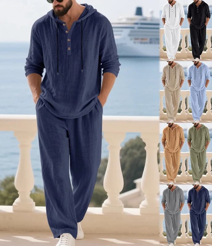 Men's Shirt Pants Suit Summer Breathable Beach Hawaiian Vacation Casual Long Sleeves Set Solid Color Loose Jogging Trousers