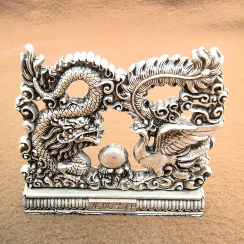 Crafts Bronze Silver-Plated Auspicious Wealth Dragon and Phoenix Playing with Pearls Creative Desktop Ornamen