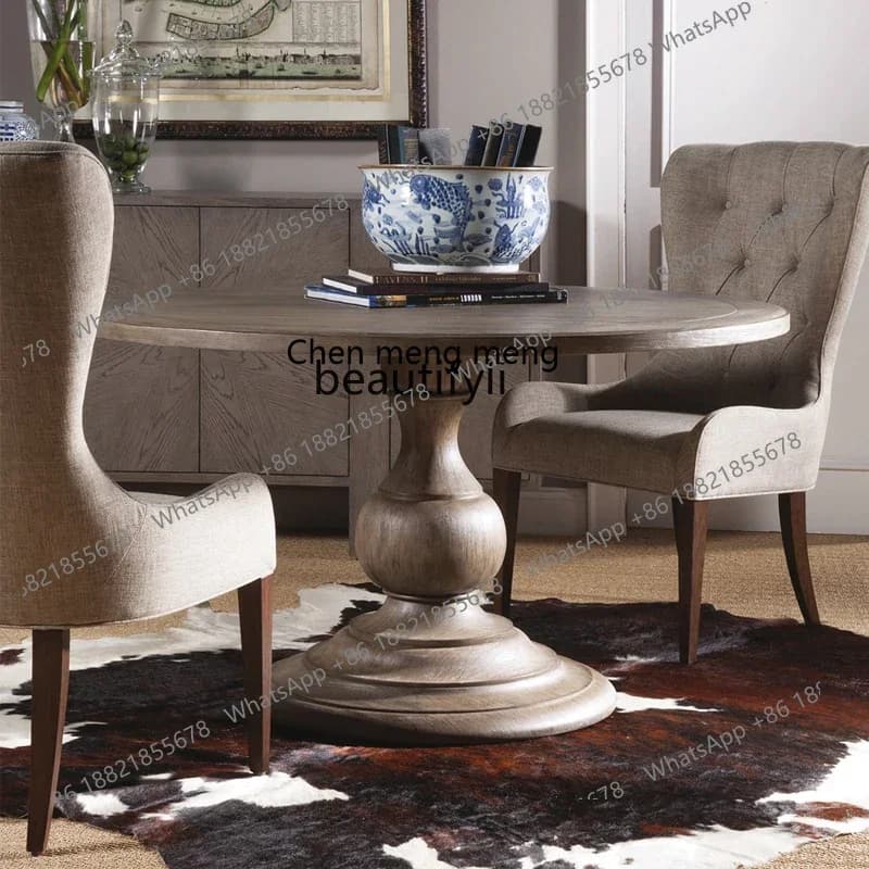 M178 American country all solid wood round dining table and chair combination retro oak dining table and chair furniture