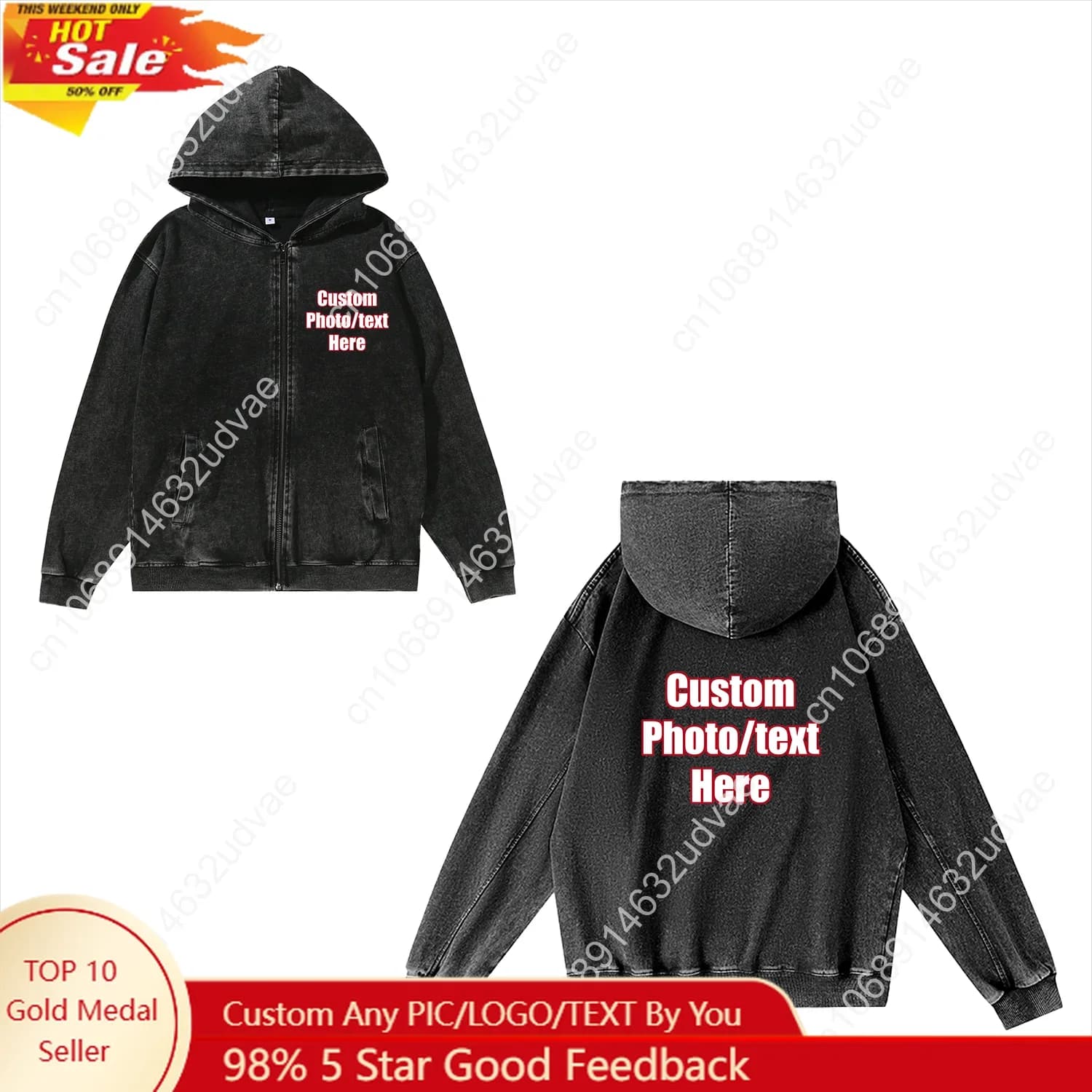 Custom Zipper Sweatshirt Man Woman Retro Hoodies Vintage Pullover Sweat Shirt with Pocket Full Zip Jacket Tops