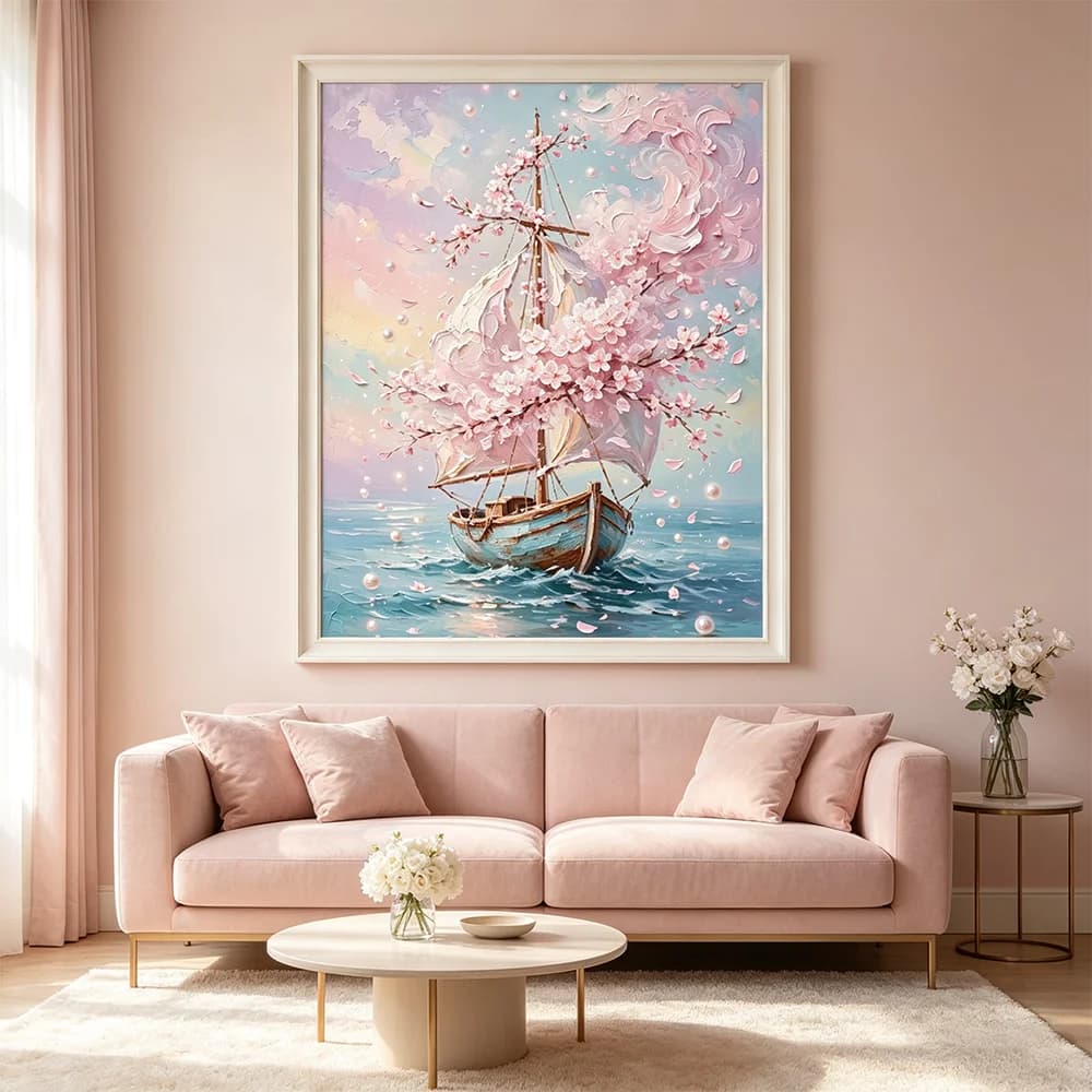 Sakura Sailing Boat Sea Landscape Canvas Printing Poster Modern Scenery Painting Wall Art Picture Poster Home Room Decor