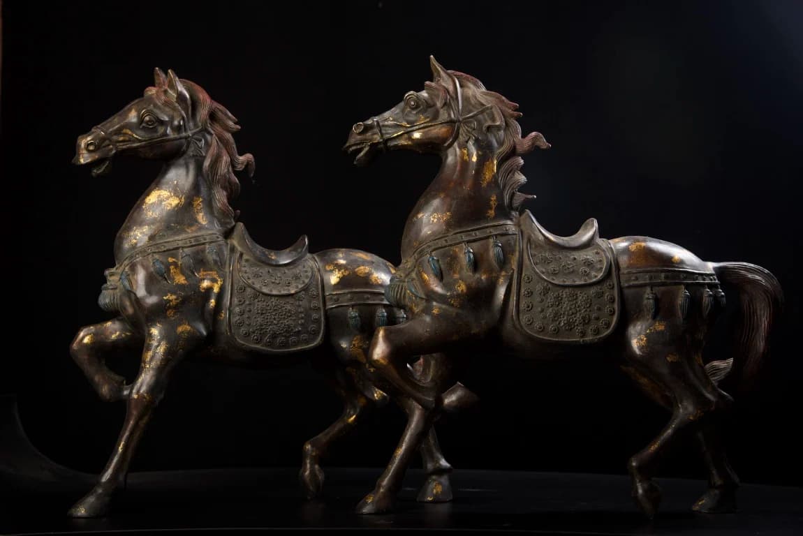 17"Tibetan Temple Collection Old Bronze Cinnabar Mud gold Horse Statue Success Horse A Pair Amass wealth Ornaments Town house