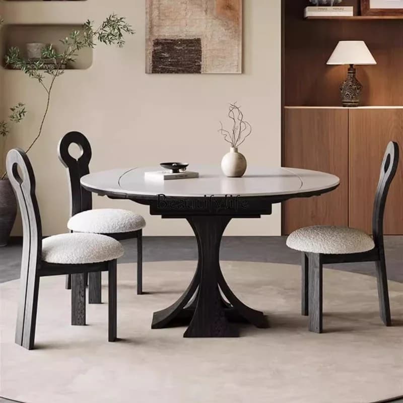 LJYWabi-Sabi Style Solid Wood and Stone Dining Table and Chair Set for Home Use, Ash Wood, Extendable and Foldable