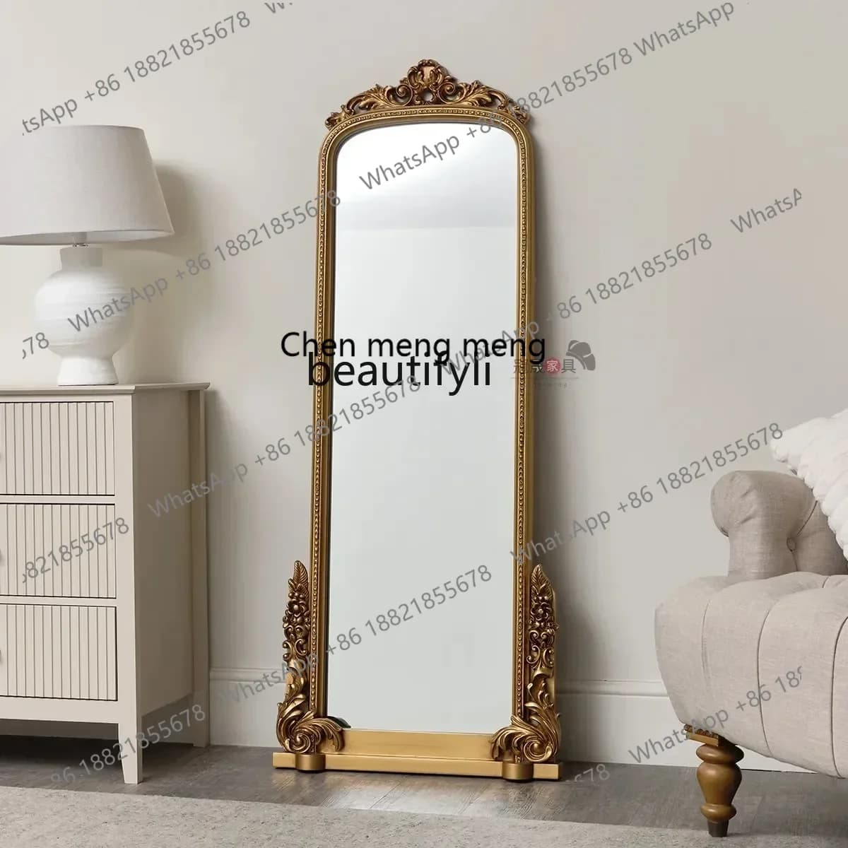 cqyEuropean retro floor mirror household wall-mounted full-length mirror living room carved arched full-length mirror