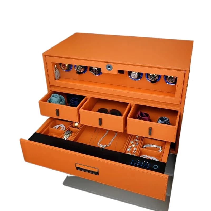 Leather password, fingerprint drawer safe, watch shaker safe.