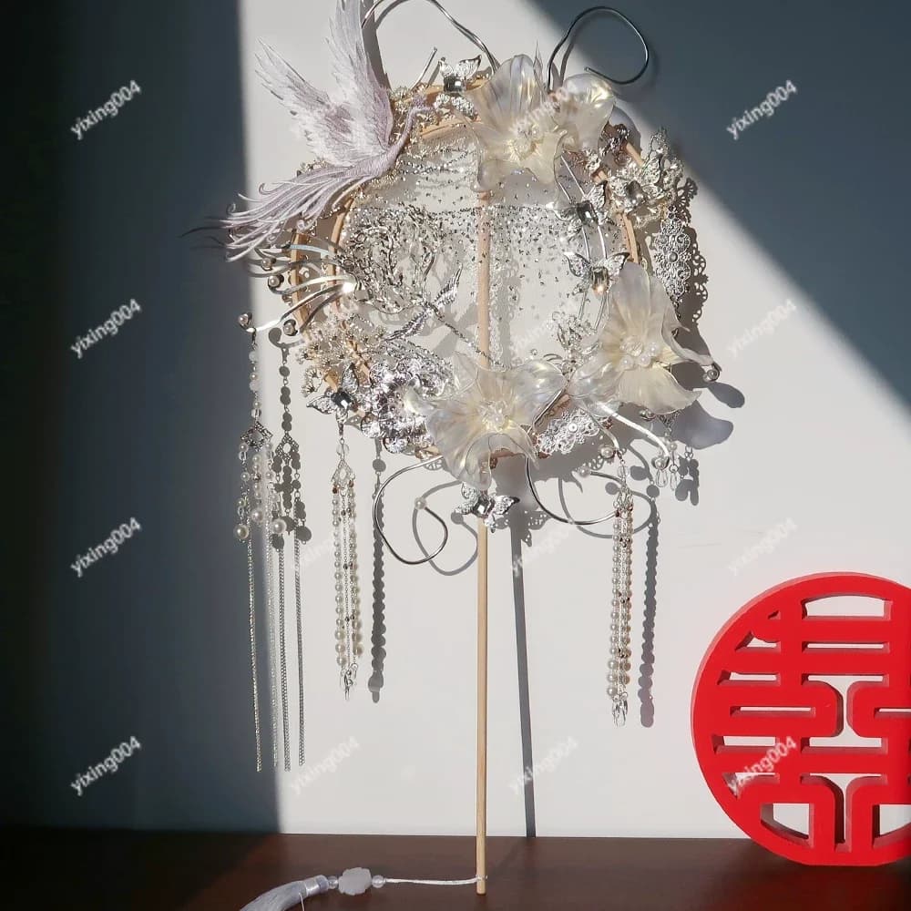 Handmade Pearl Tassel Palace Fan Ancient Style Hanfu Wedding Accessory