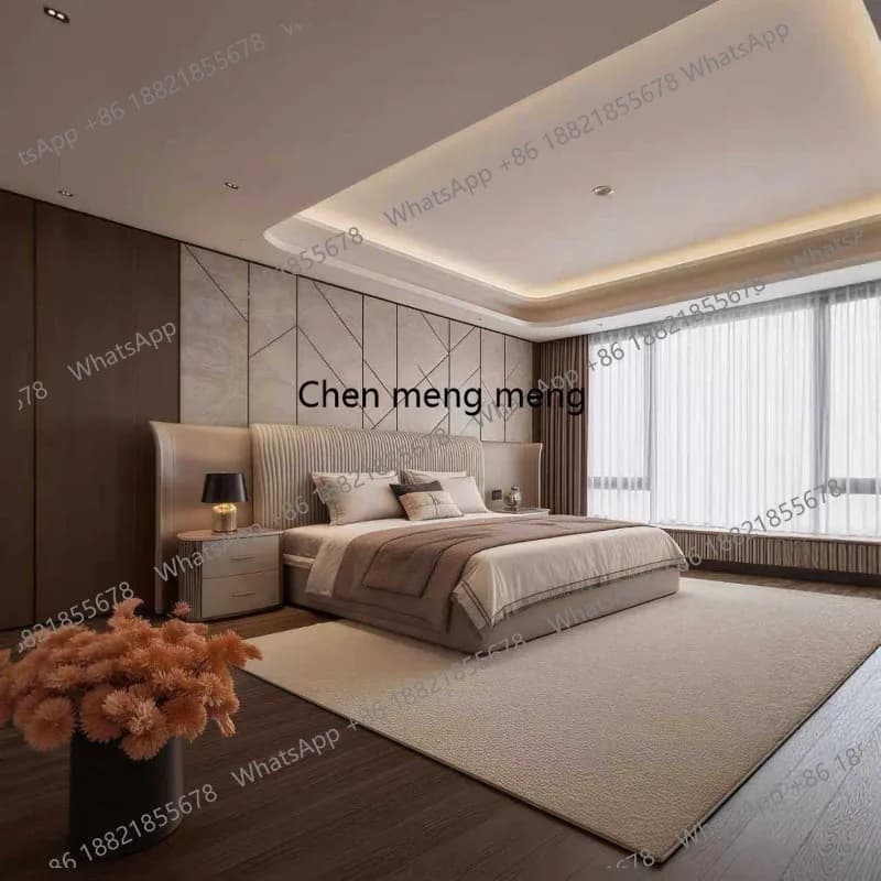 Italian leather bed modern simple master bedroom double bed high-end large flat widescreen